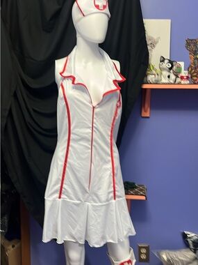 White naughty Nurse Costume Dress with Red Trim